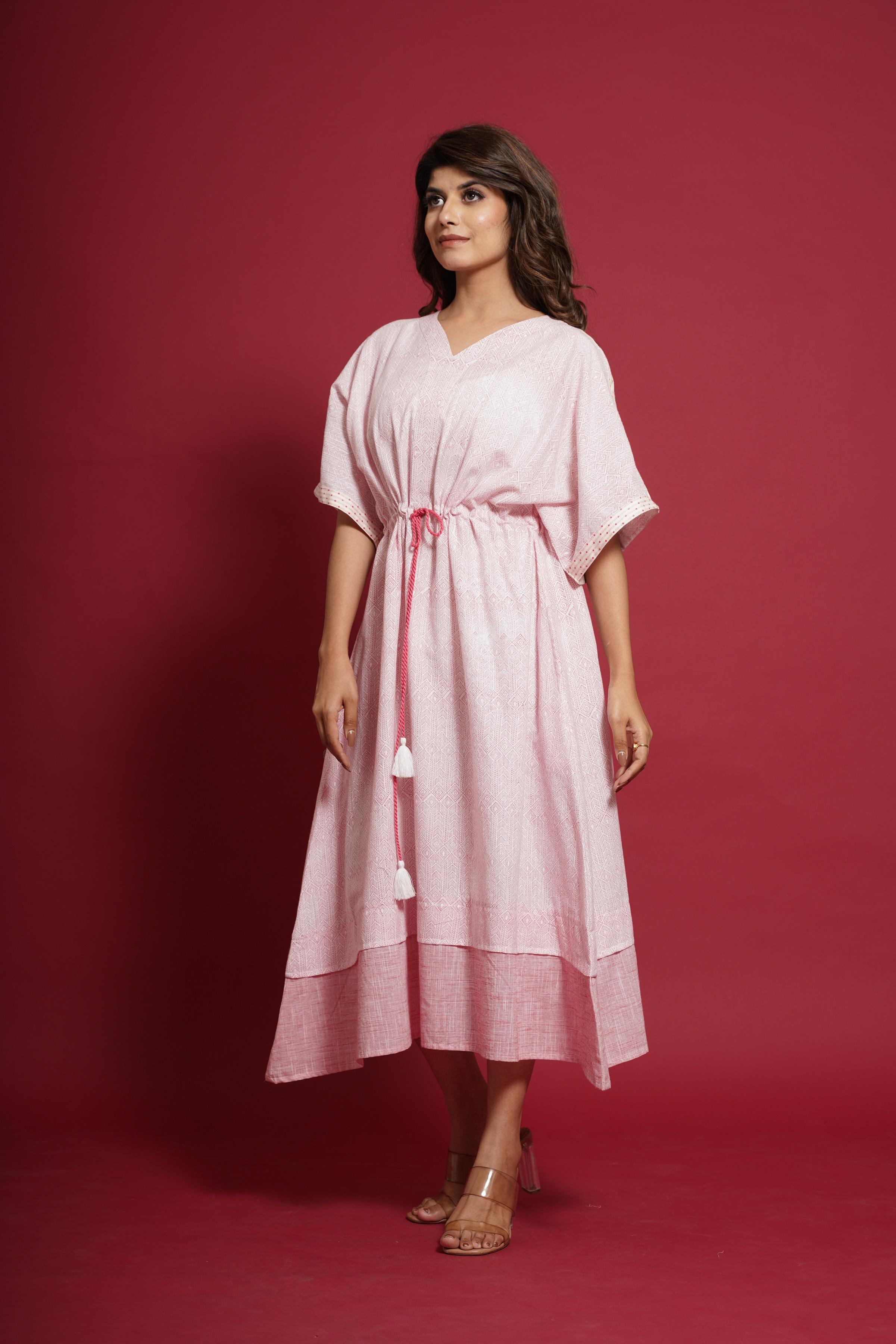 PINK BLOCK PRINT COTTON KAFTAN DRESS