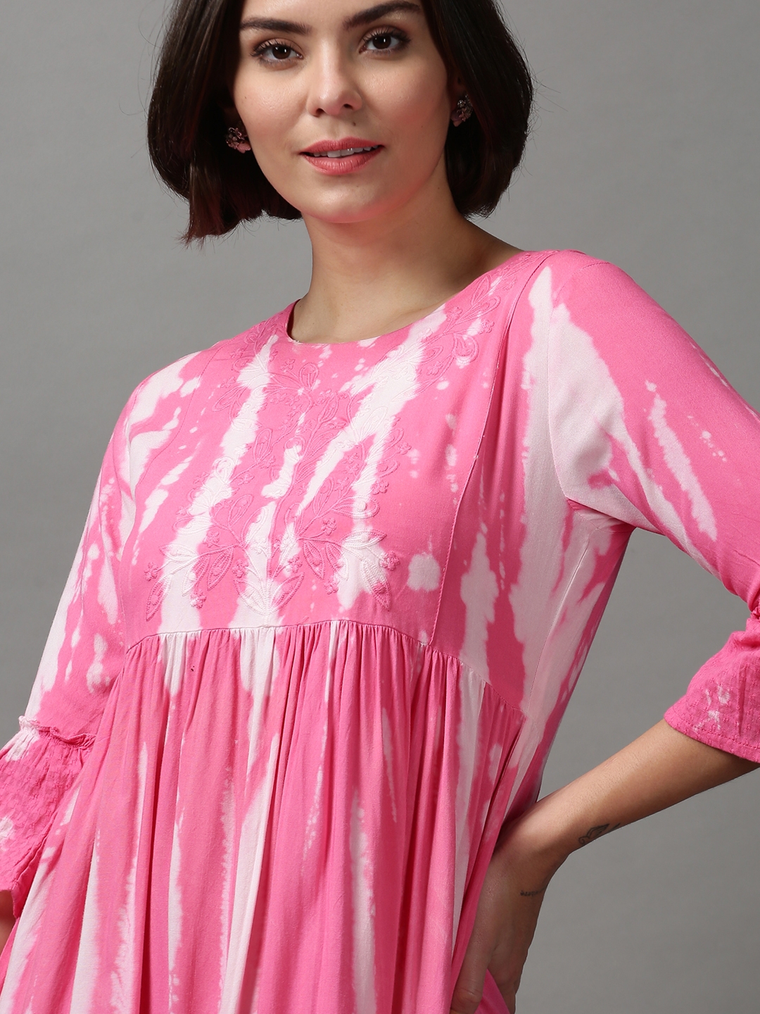 Showoff | SHOWOFF Women Pink Dyed Round Neck Three-Quarter Sleeves Knee length Empire Dress 5