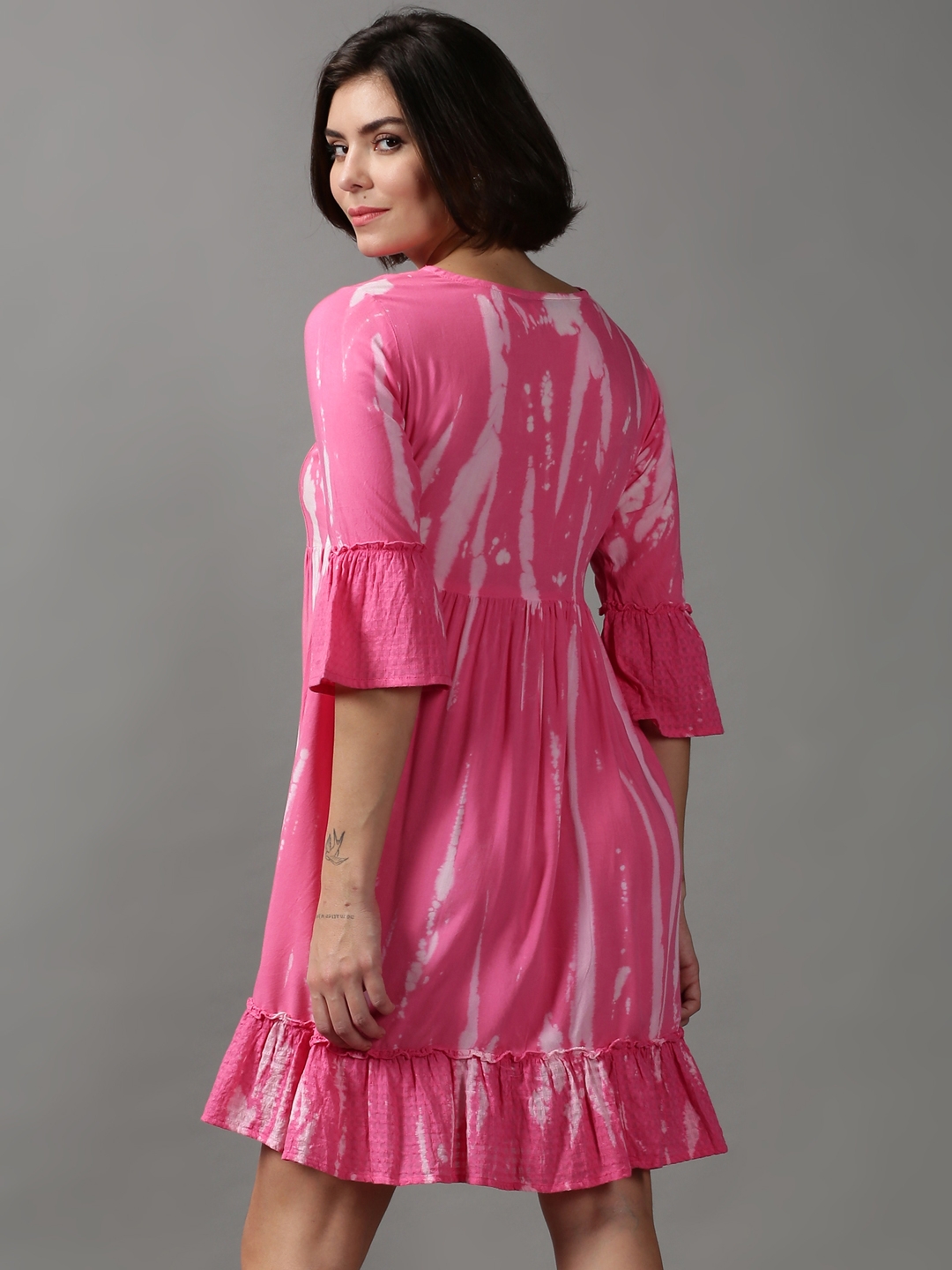 Showoff | SHOWOFF Women Pink Dyed Round Neck Three-Quarter Sleeves Knee length Empire Dress 3