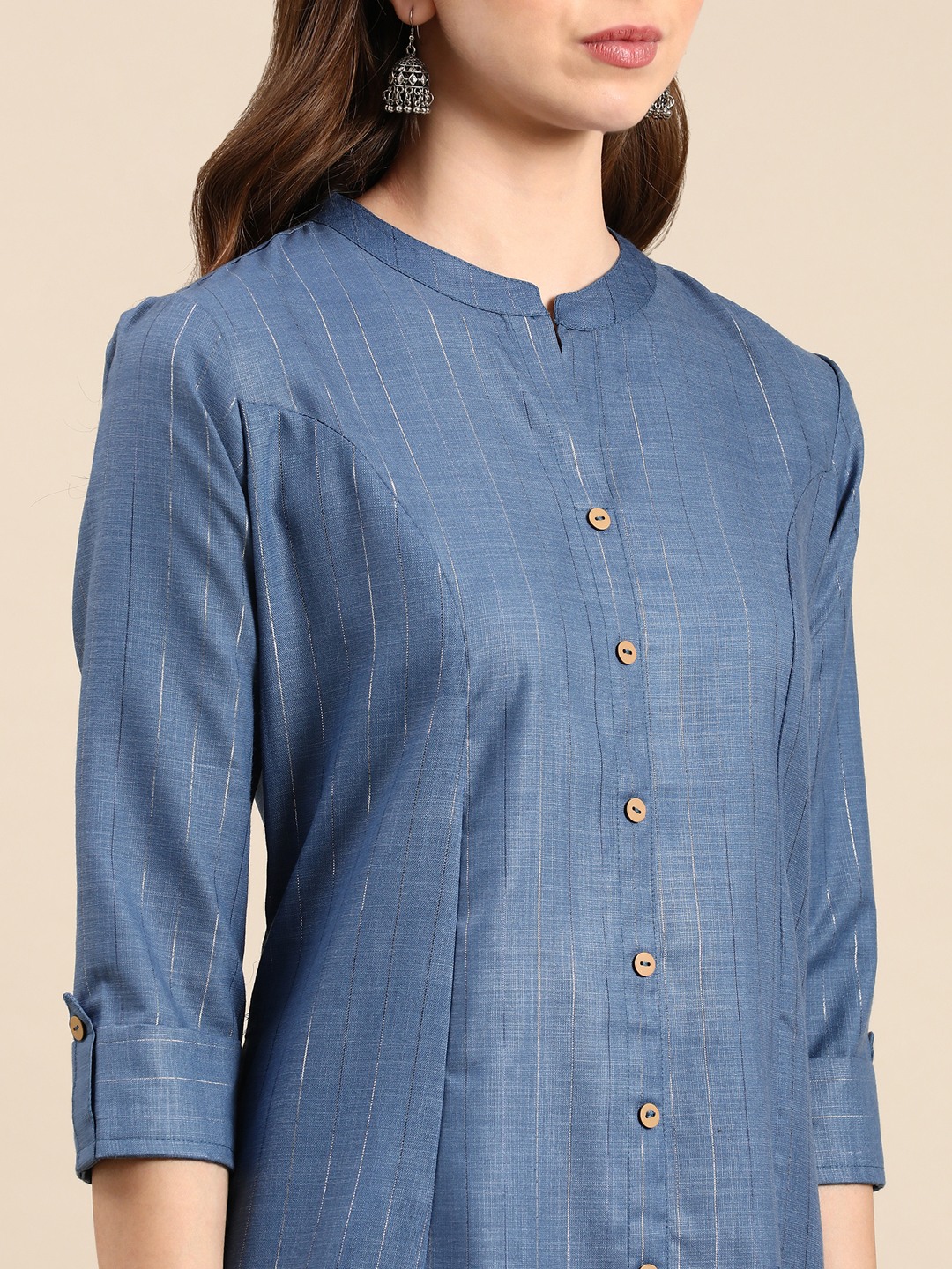 SHOWOFF Women's Mid Length Striped Straight Blue Kurta