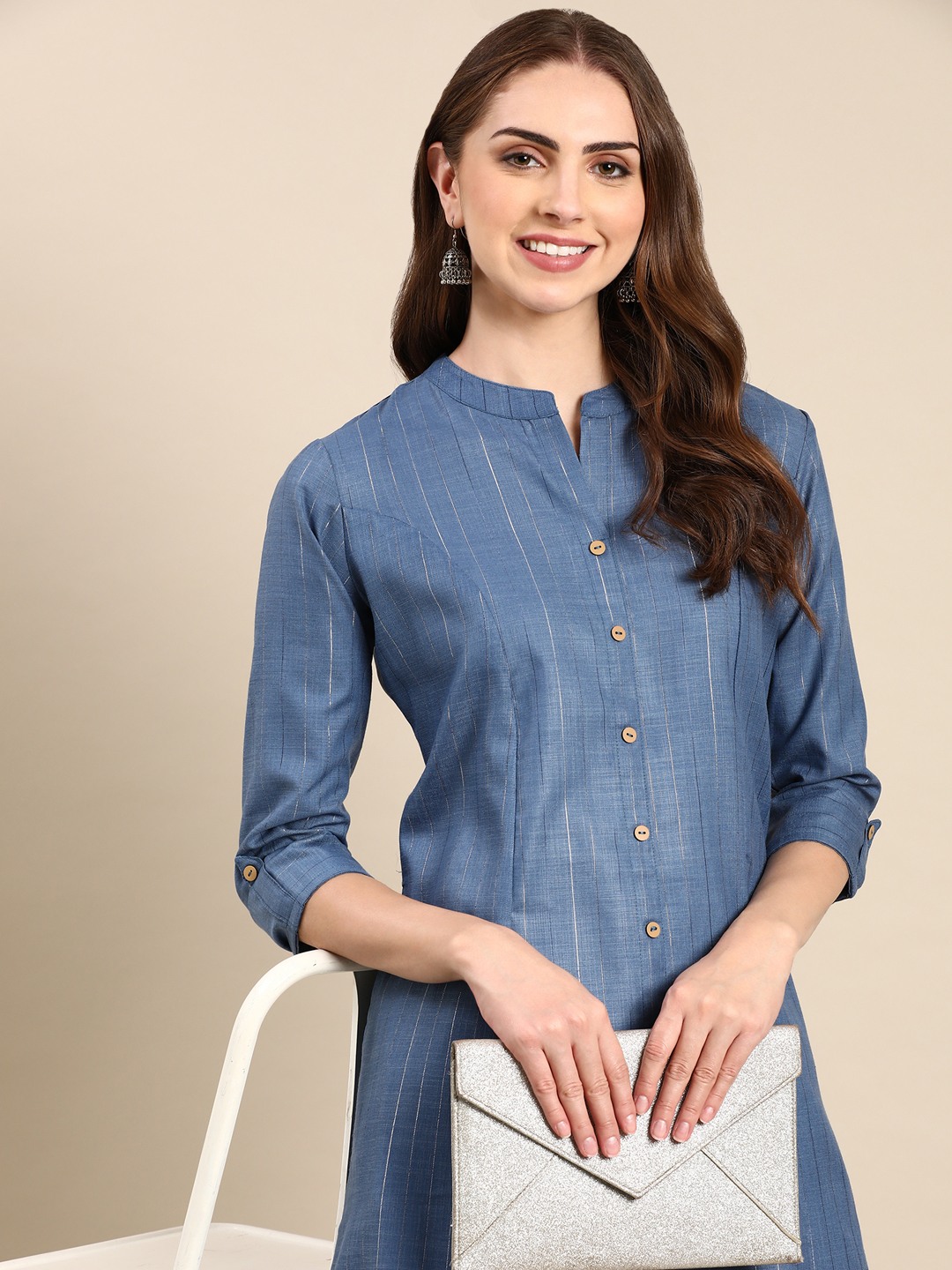 SHOWOFF Women's Mid Length Striped Straight Blue Kurta
