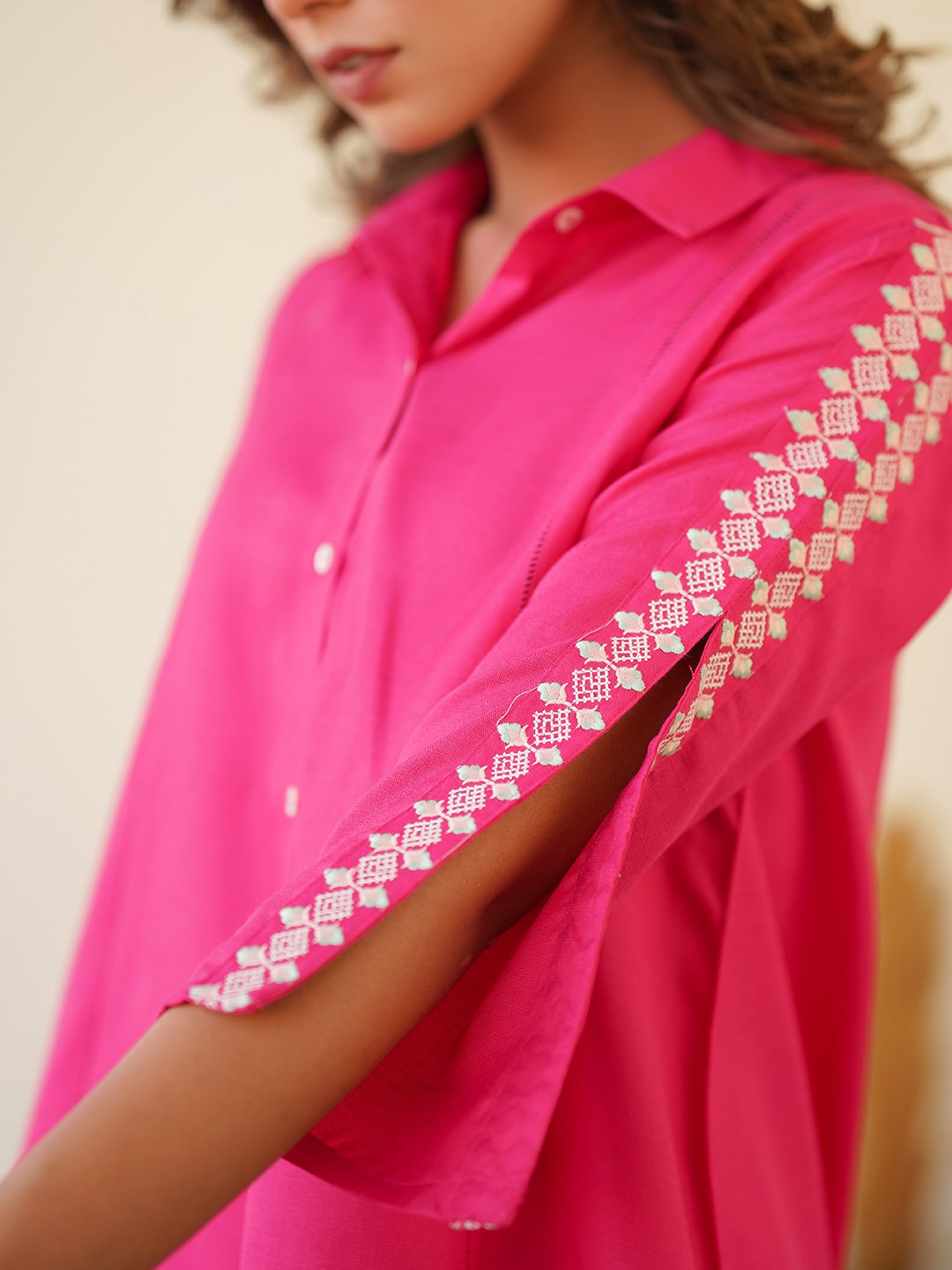 COTTON BLENDED PINK EMBRODIERD CO-ORD SET