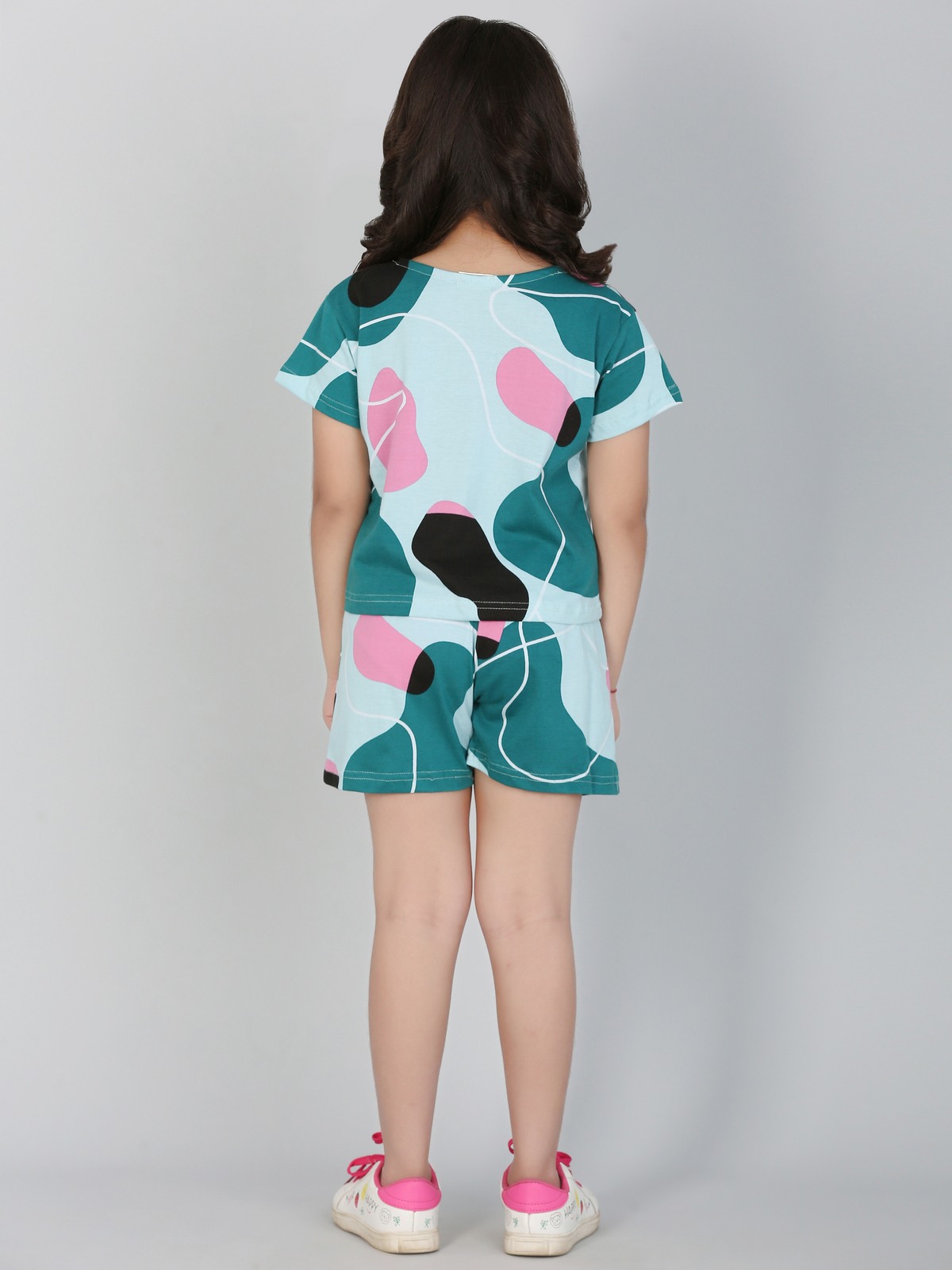 Ninos Dreams Girls Abstract Printed Cotton Half Sleeves Coord set with Shorts - Green