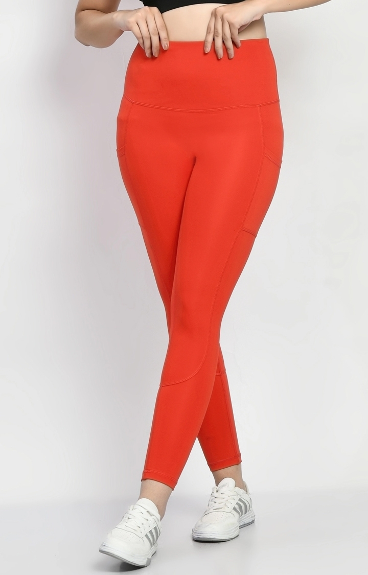 Women's Orange Solid Activewear Leggings