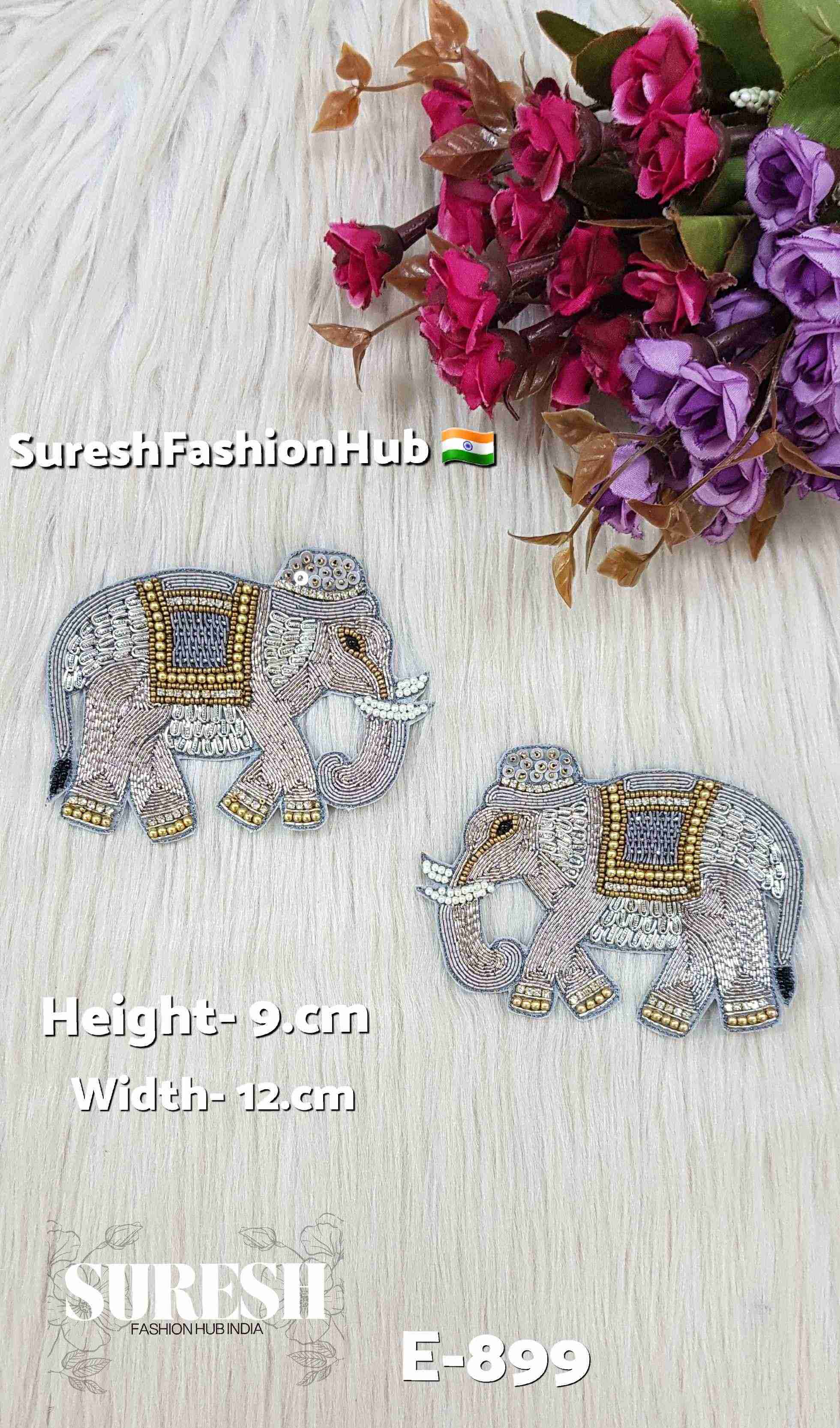 Grey Zardosi Elephant Patch – Right Facing | E-899