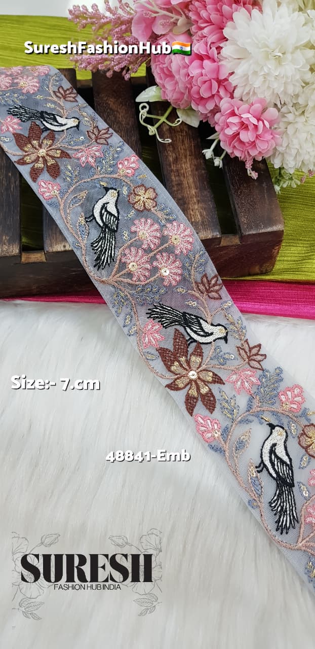 Grey Twin Bird Floral Embroidery Lace – 48841-Emb