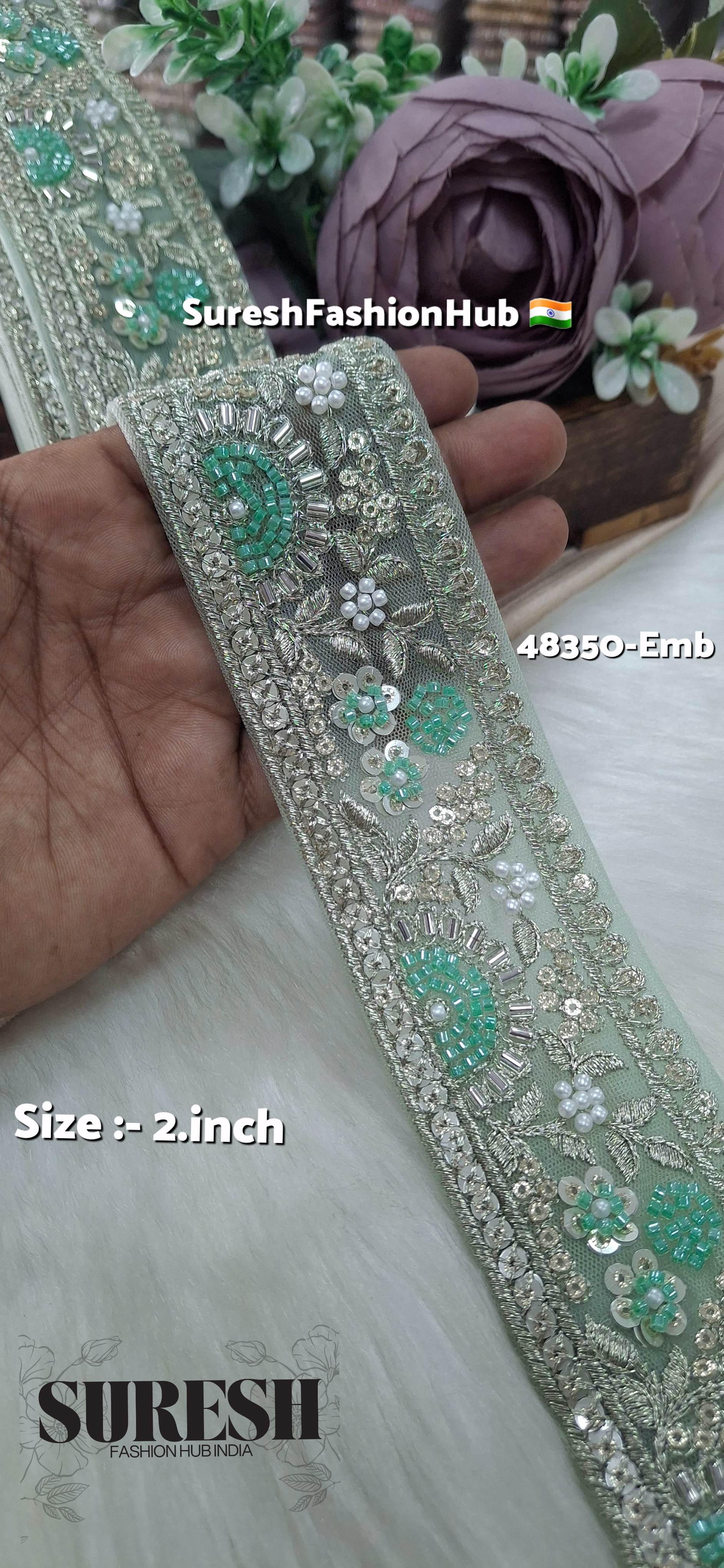 SeaGreen PearlGlow Floral Net Embroidered Lace