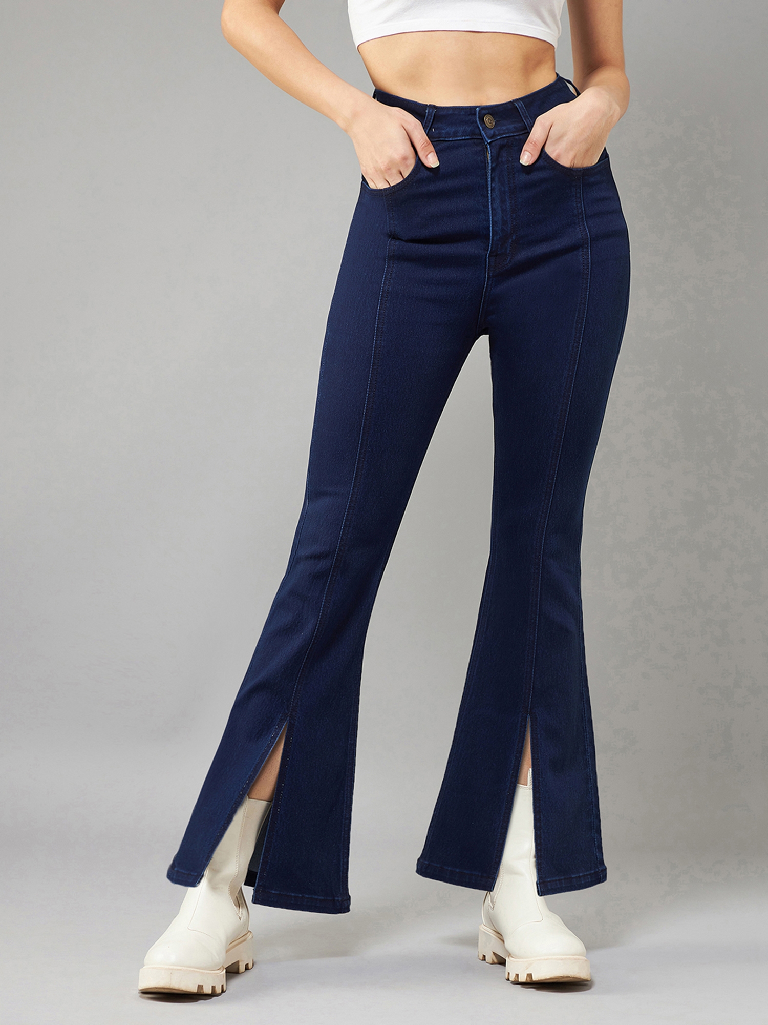 Dolce Crudo | Women's Navy Blue Bootcut High rise Clean look Regular Stretchable Denim Jeans