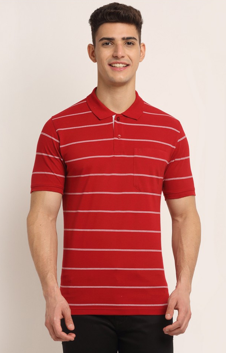 VENITIAN | Venitian Mens Striped Polo Neck Cotton Red T-shirt With Pocket 0