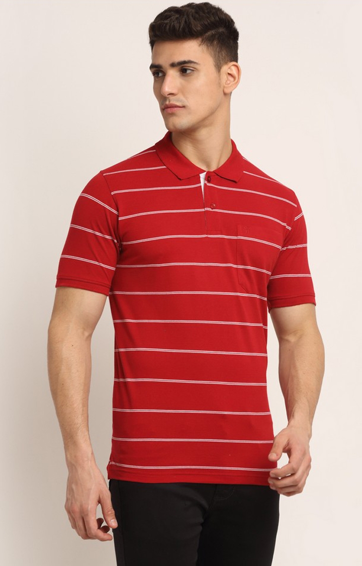 VENITIAN | Venitian Mens Striped Polo Neck Cotton Red T-shirt With Pocket 1