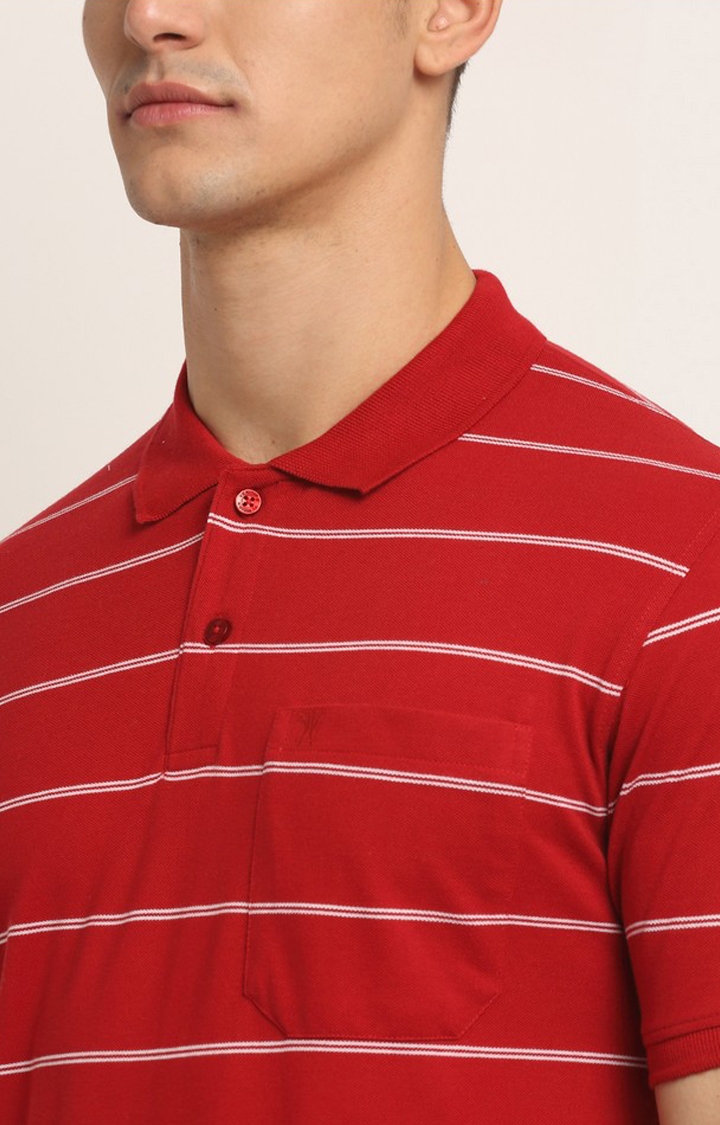 VENITIAN | Venitian Mens Striped Polo Neck Cotton Red T-shirt With Pocket 3
