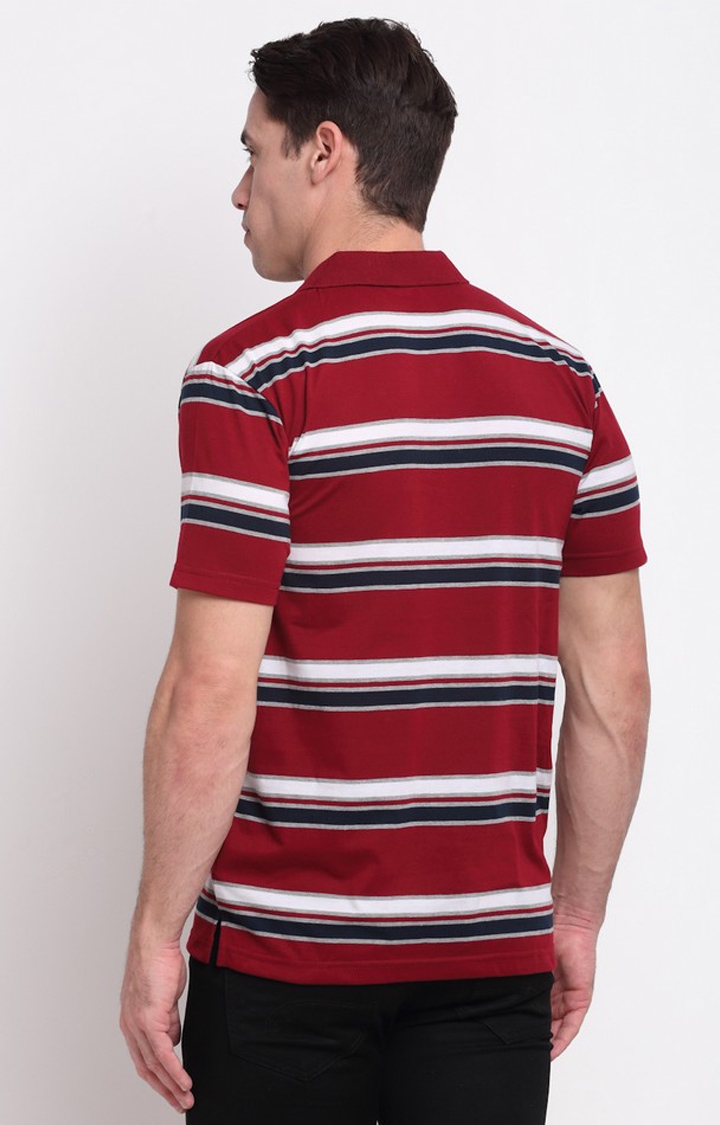 VENITIAN | Venitian Mens Striped Polo Neck Cotton Red T-shirt With Pocket 2
