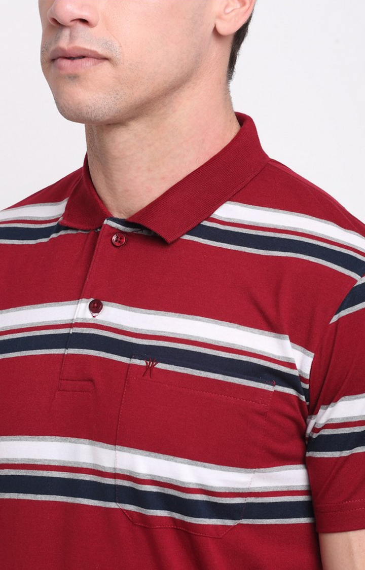 VENITIAN | Venitian Mens Striped Polo Neck Cotton Red T-shirt With Pocket 3