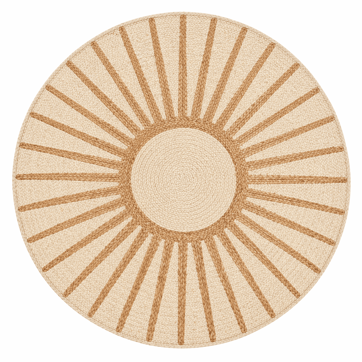 Handwoven Round Jute Rug – Natural Beige Sunburst Braided Design | Boho Coastal Floor Carpet for Living Room, Bedroom, Entryway