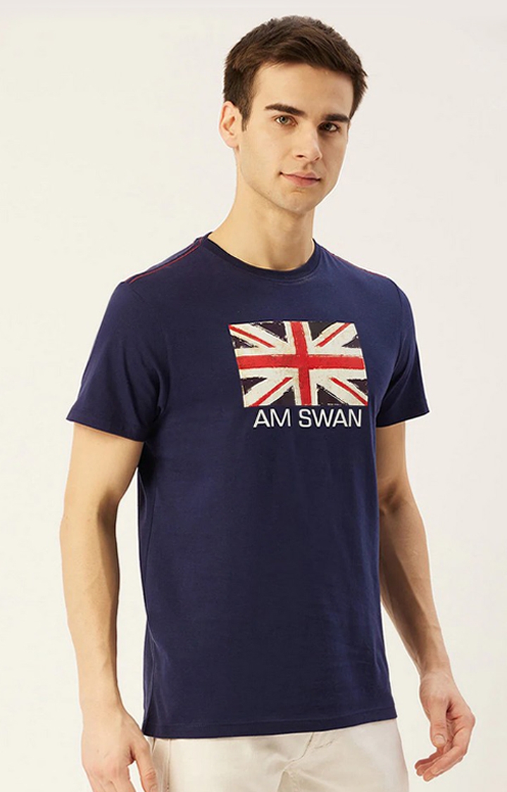 Men's Navy Cotton Printed Regular T-Shirt
