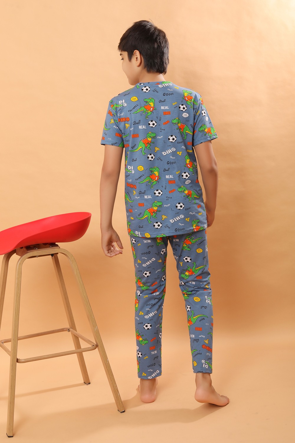 Ninos Dreams Boys Dino Print 100 % Cotton Knit Half sleeves Coord Set with T-Shirt & Lower-Grey