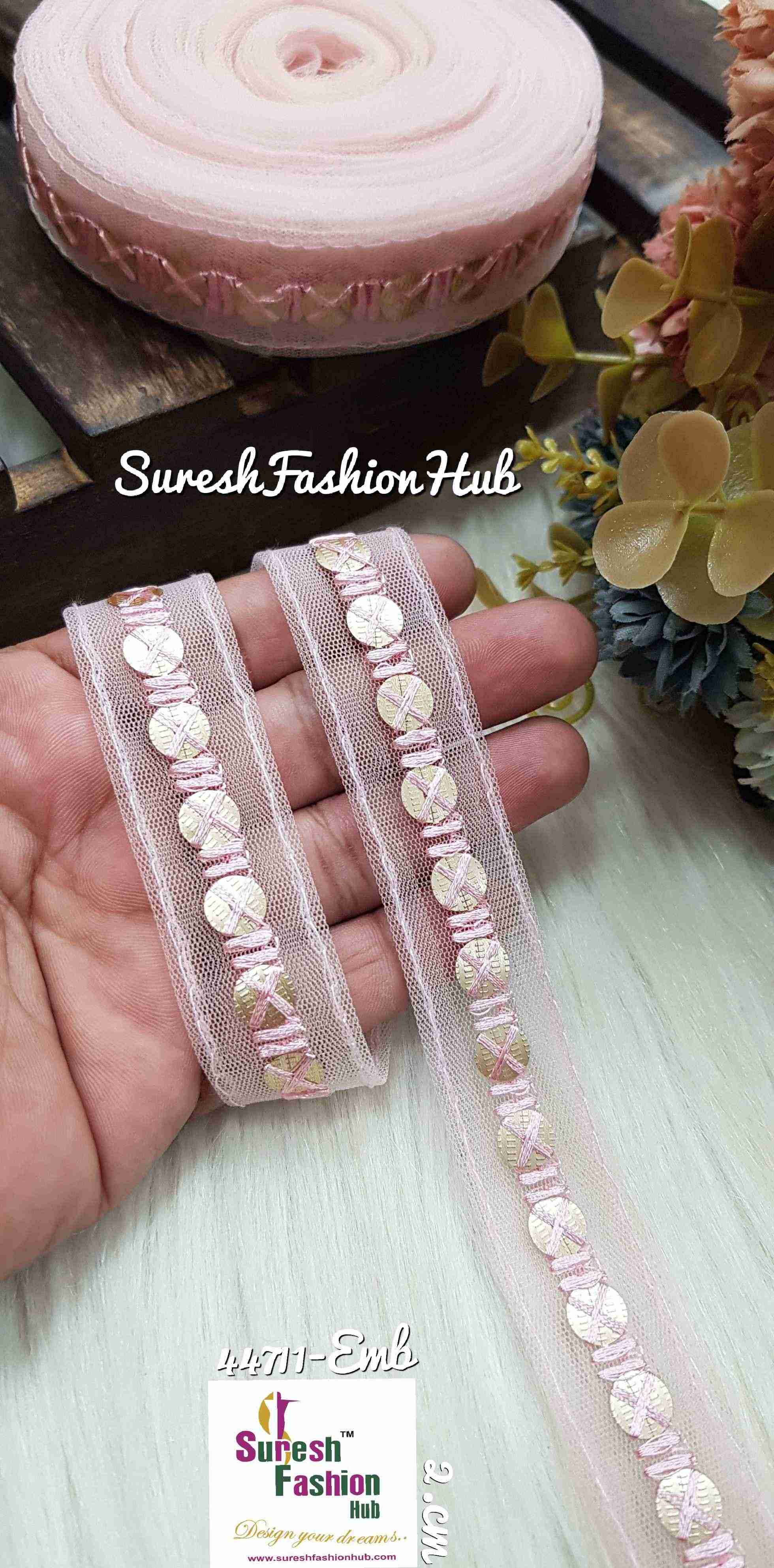 Baby Pink Net Touch Sequin Thread Lace