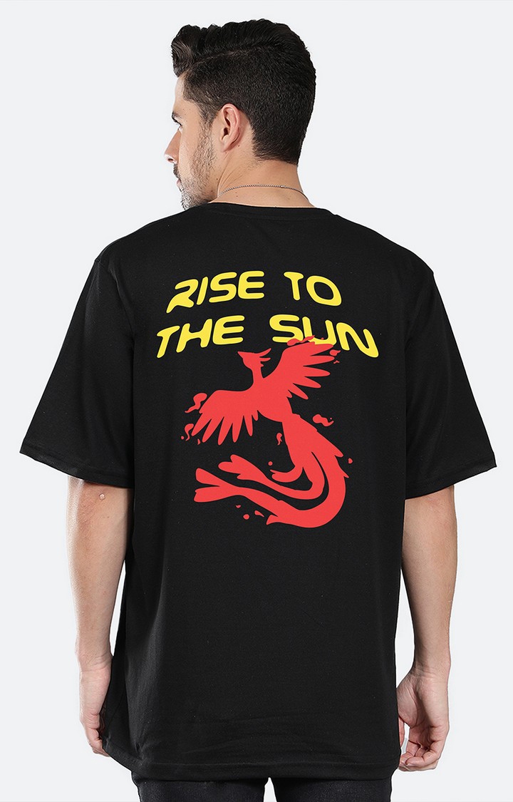 Mad Over Print | Men's Rise To The Sun Black Cotton Graphic Oversized T-Shirts