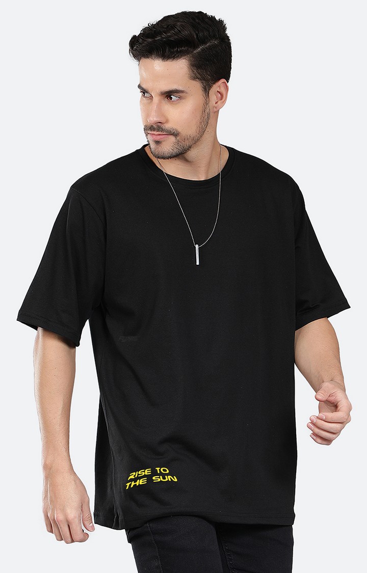 Men's Rise To The Sun Black Cotton Graphic Oversized T-Shirts