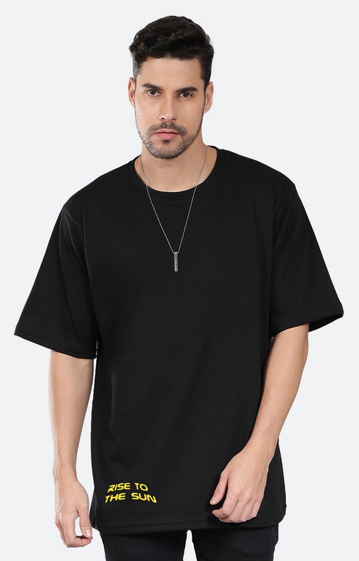 Men's Rise To The Sun Black Cotton Graphic Oversized T-Shirts