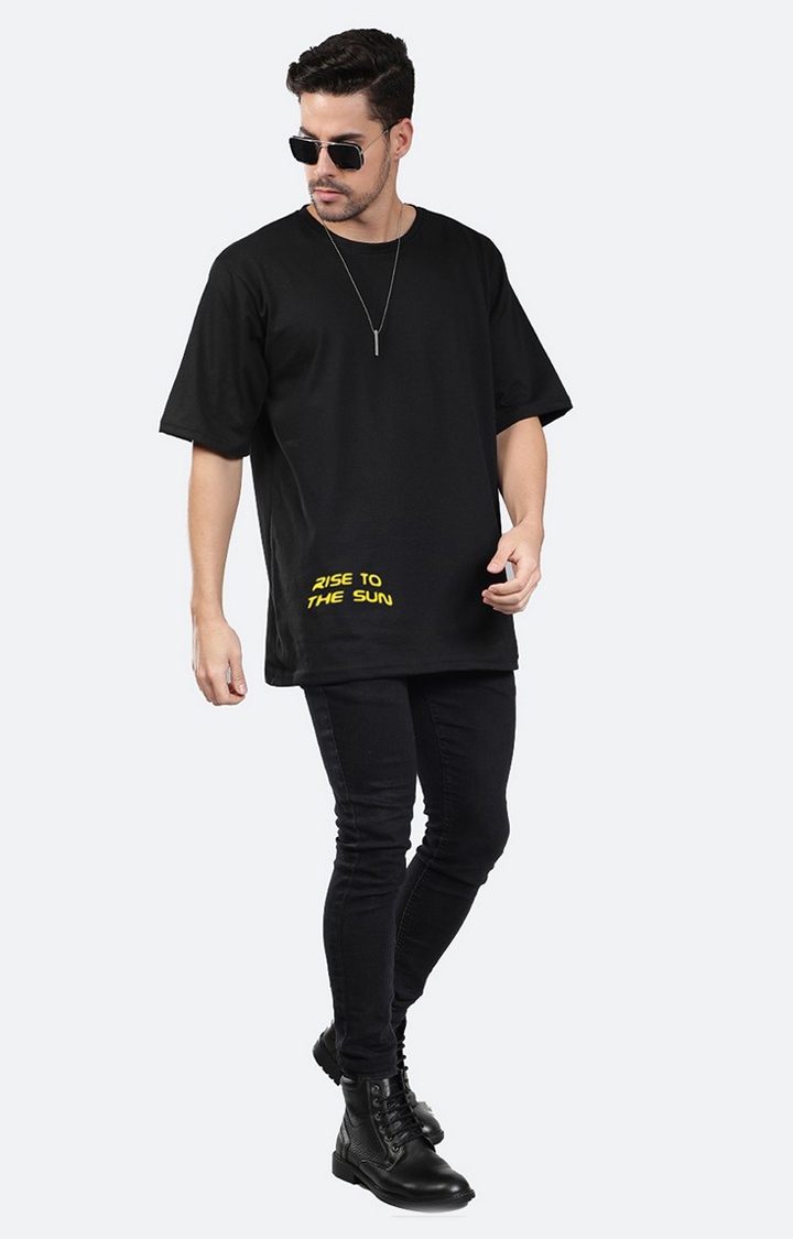 Men's Rise To The Sun Black Cotton Graphic Oversized T-Shirts