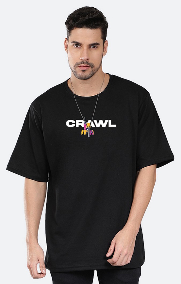 Mad Over Print | Men's Crawl Black Cotton Graphic Oversized T-Shirts