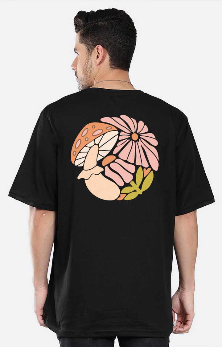 Mad Over Print | Men's Mush And Flower Black Cotton Graphic Oversized T-Shirts
