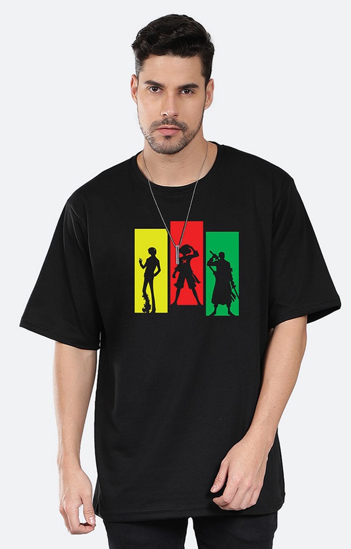 Mad Over Print | Men's Strawhat Trio Black Cotton Graphic Oversized T-Shirts