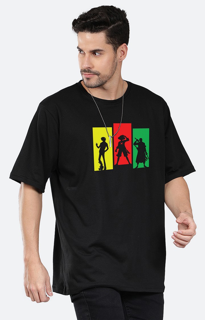 Men's Strawhat Trio Black Cotton Graphic Oversized T-Shirts