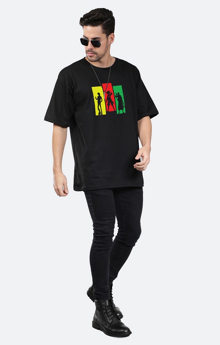 Men's Strawhat Trio Black Cotton Graphic Oversized T-Shirts