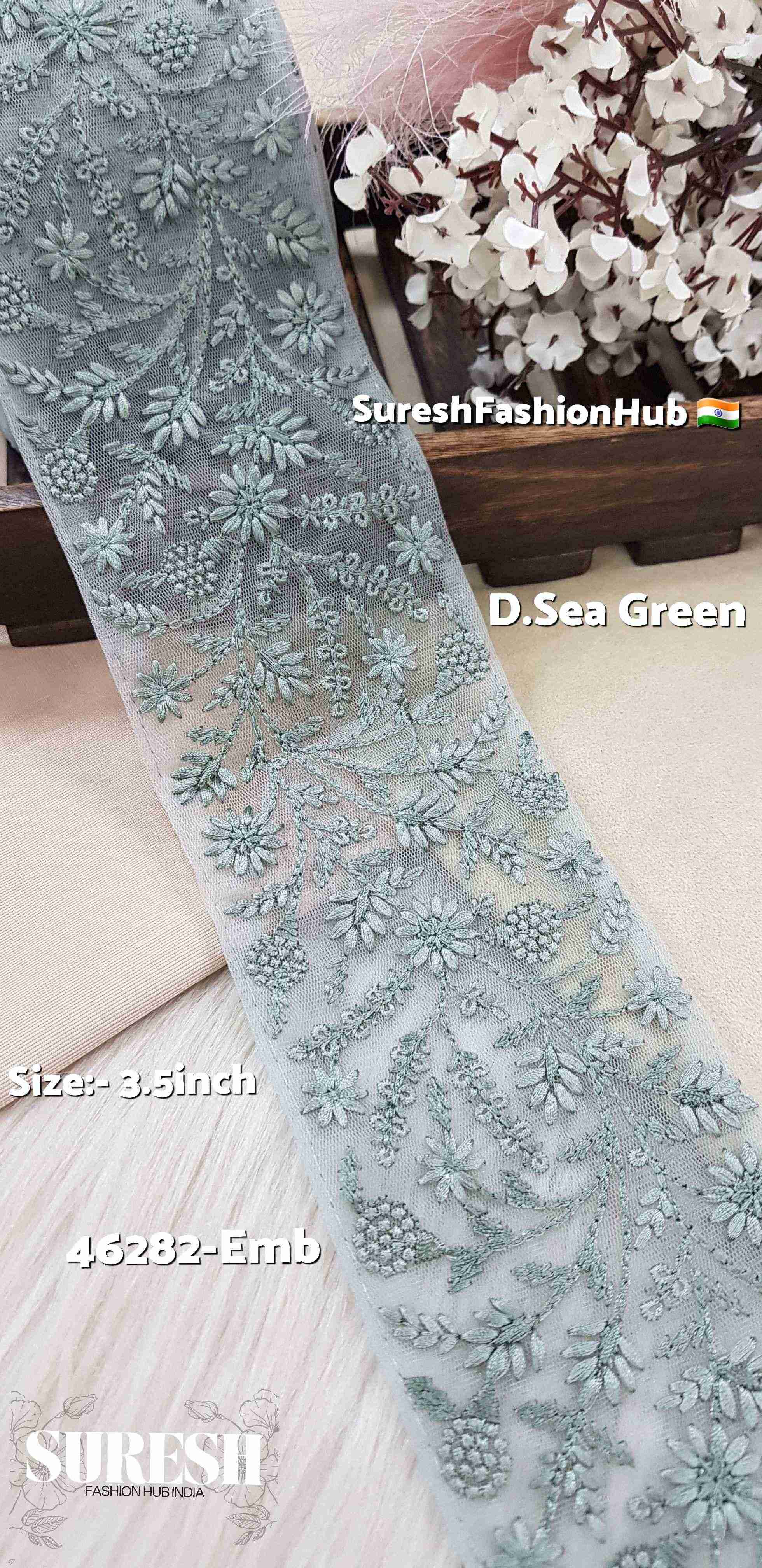 Dark Sea Green Tone-to-Tone Floral Net Lace