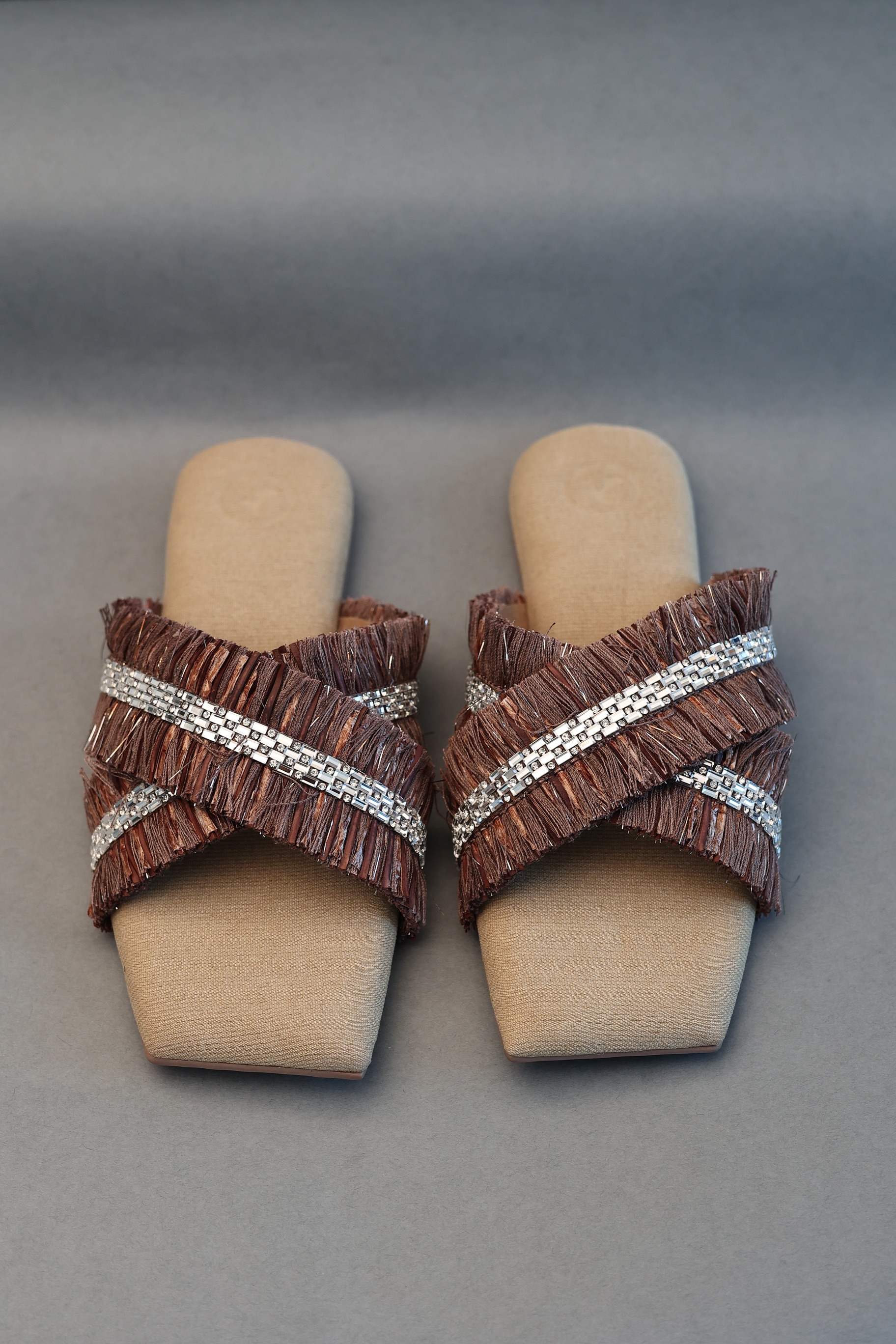 Brown Jute Frills Sliders Flat Sandal