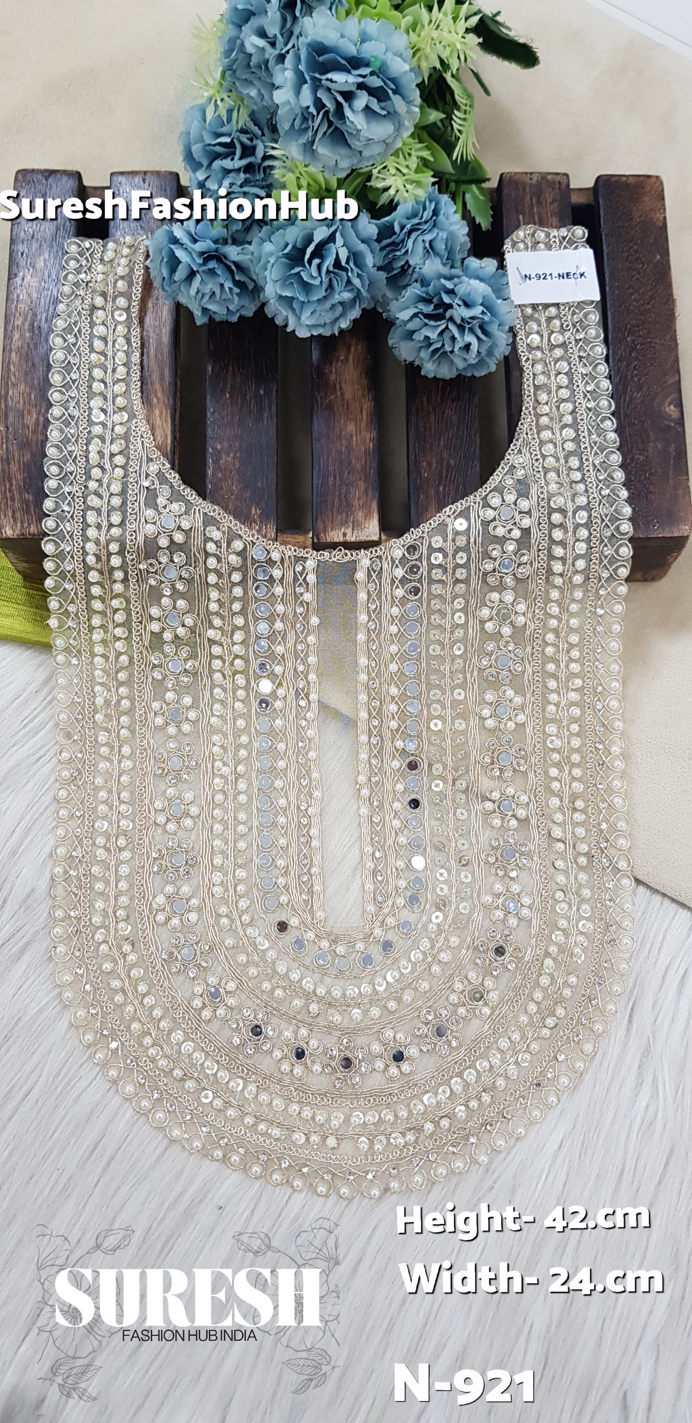 N-921 Pearl Floral Organza Neck Design