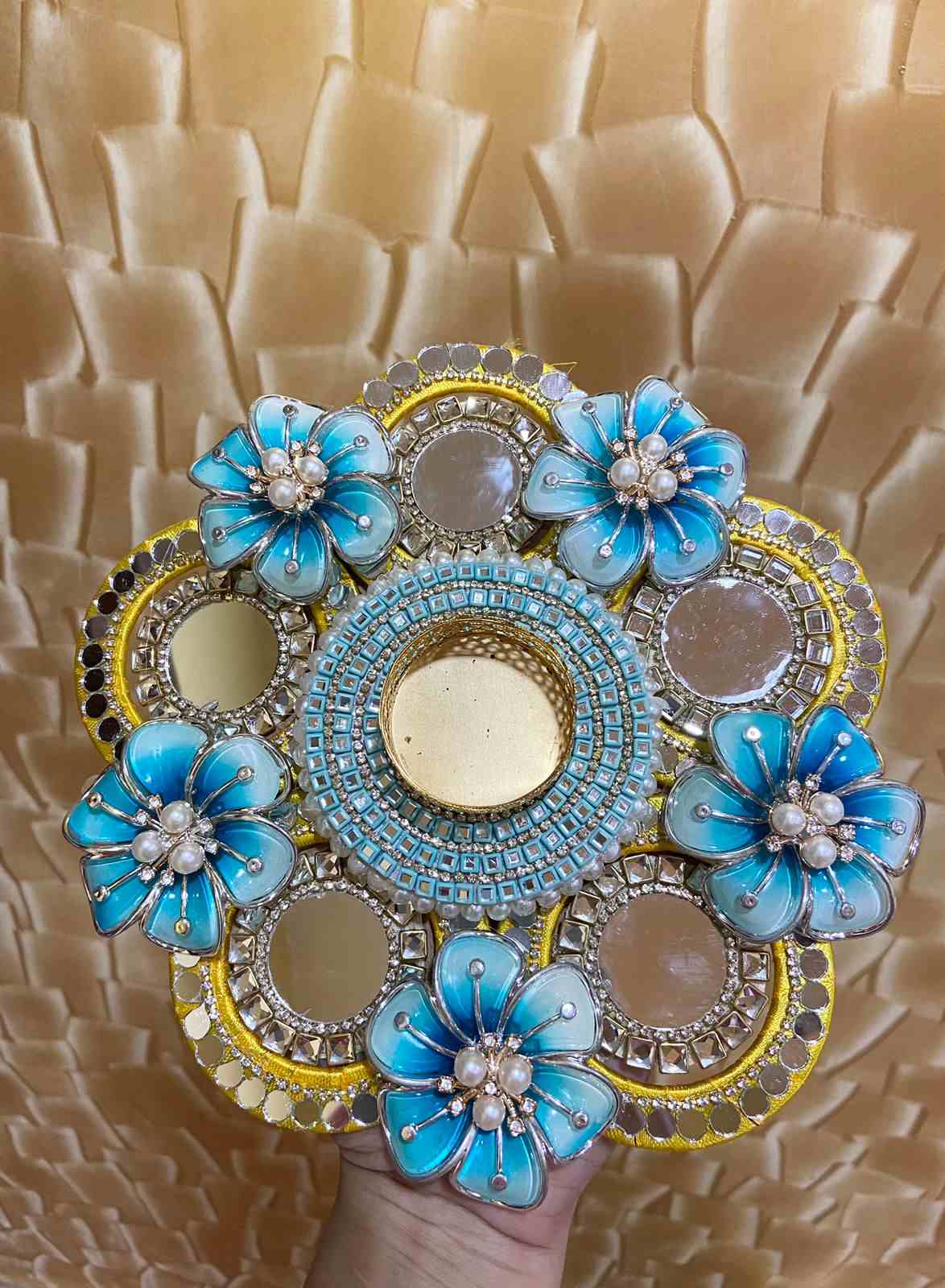 Blue Flower Yellow tea light holder