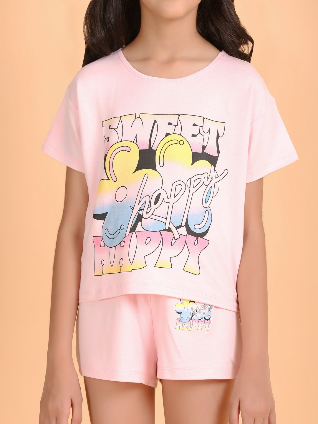 Ninos Dreams Girls Sweet Happy Print Coord Set with Top & Shorts -Light Pink