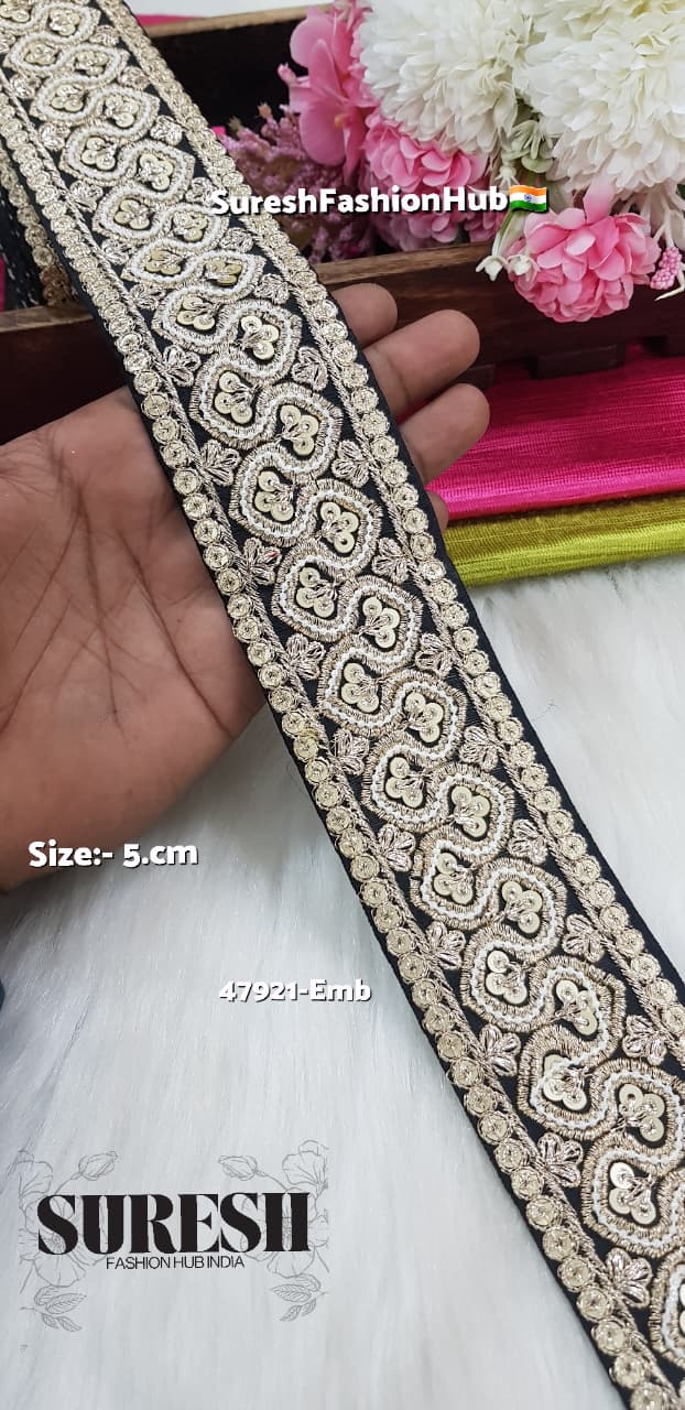 Black Floral Pearl Moti & Zari Embroidery Lace – 47921-EMB