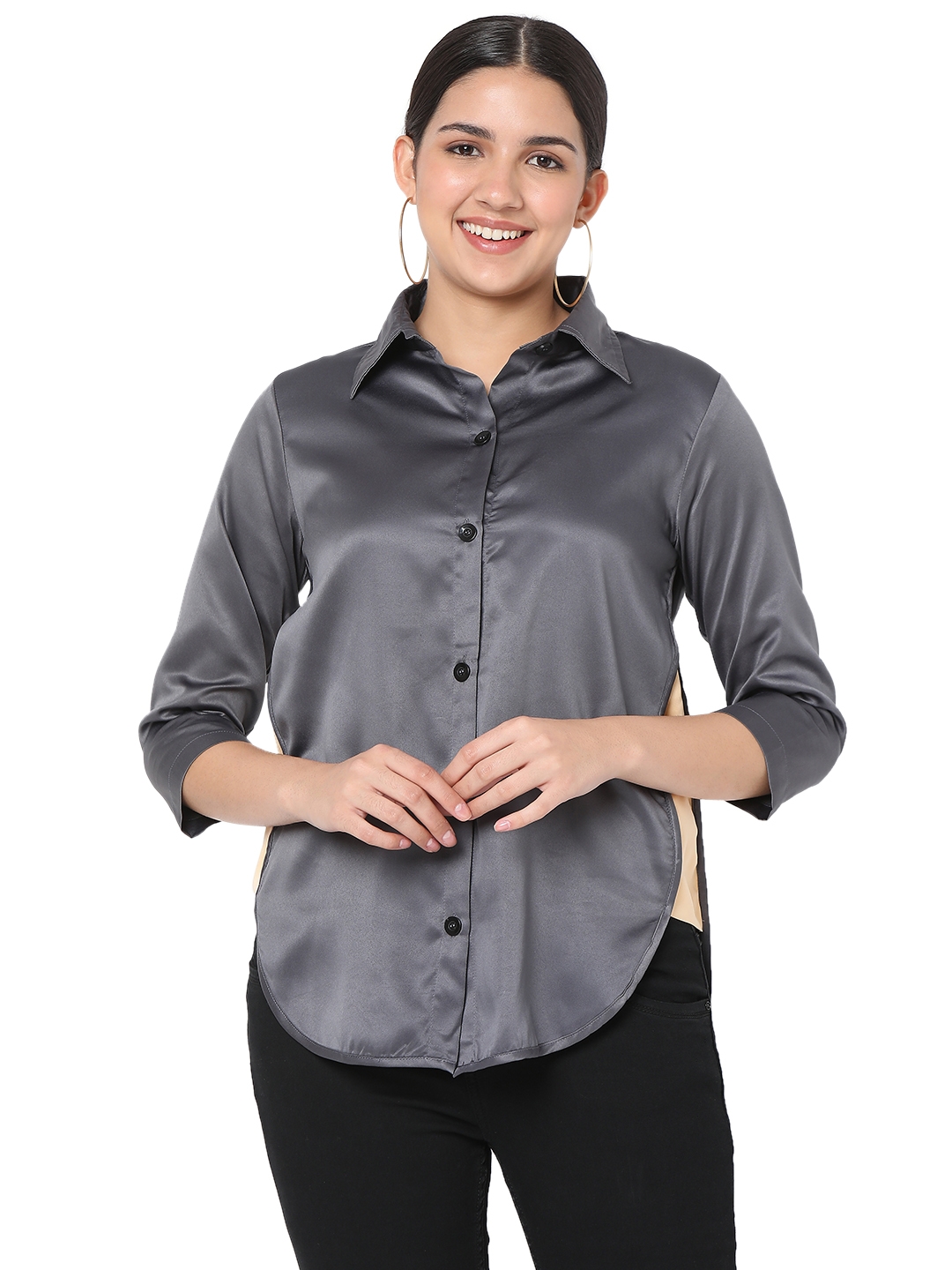 Smarty Pants | Smarty Pants women's silk satin grey color apple cut formal shirt. 0