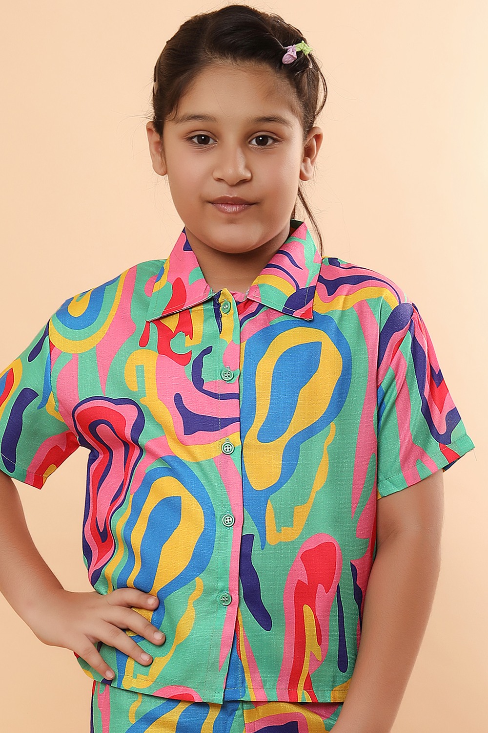 Ninos Dreams Girls 3 piece Amoeba Print Rayon coord set -Top & Shorts with Spaghetti Multicolor
