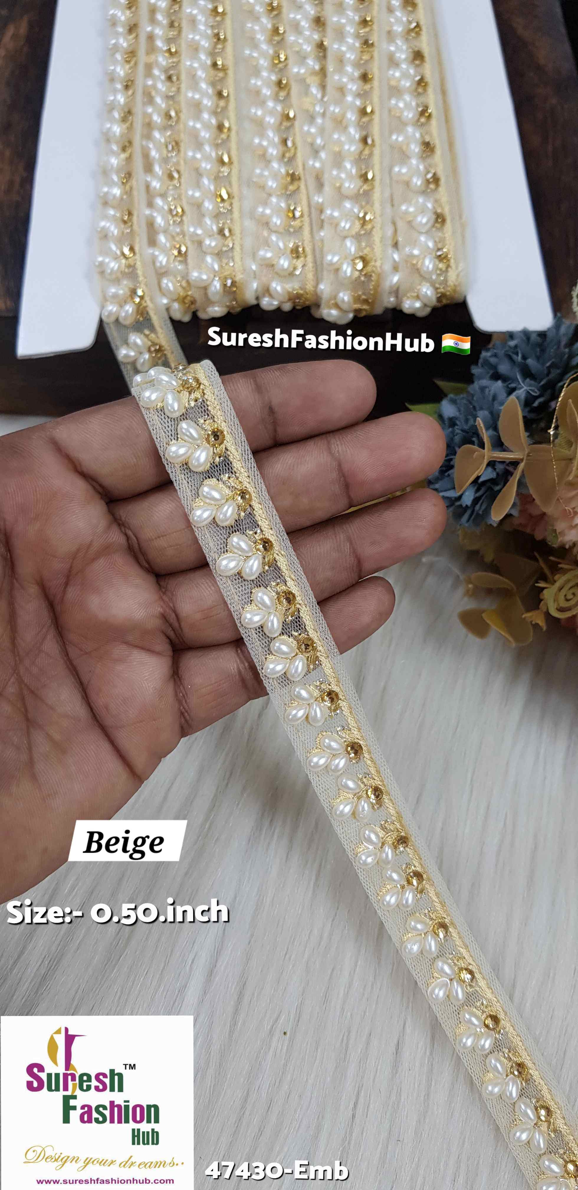 LuxeGlimmer Embroidered Trim Beige  Color
