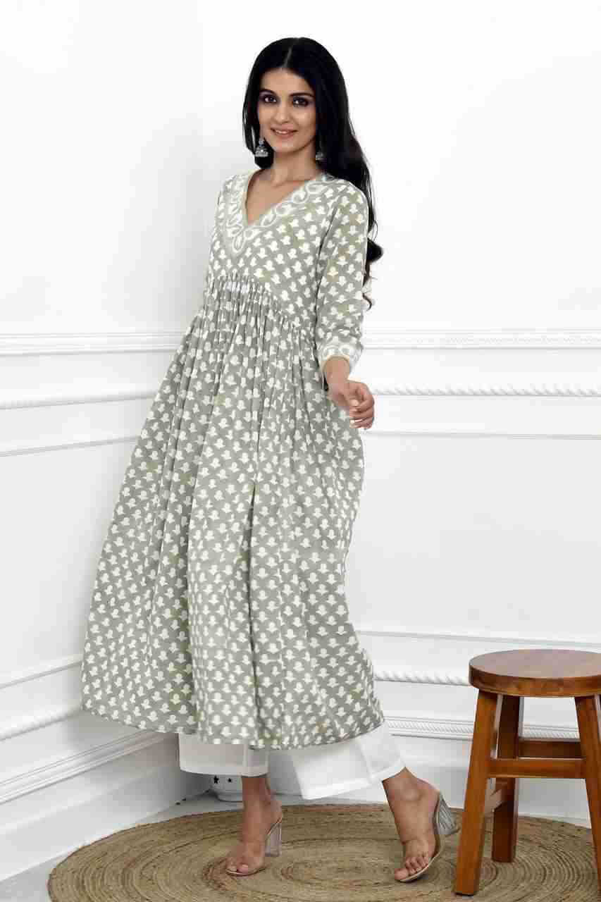 Naksh Grey And White V-Neck Gathered Kurta With Pockets