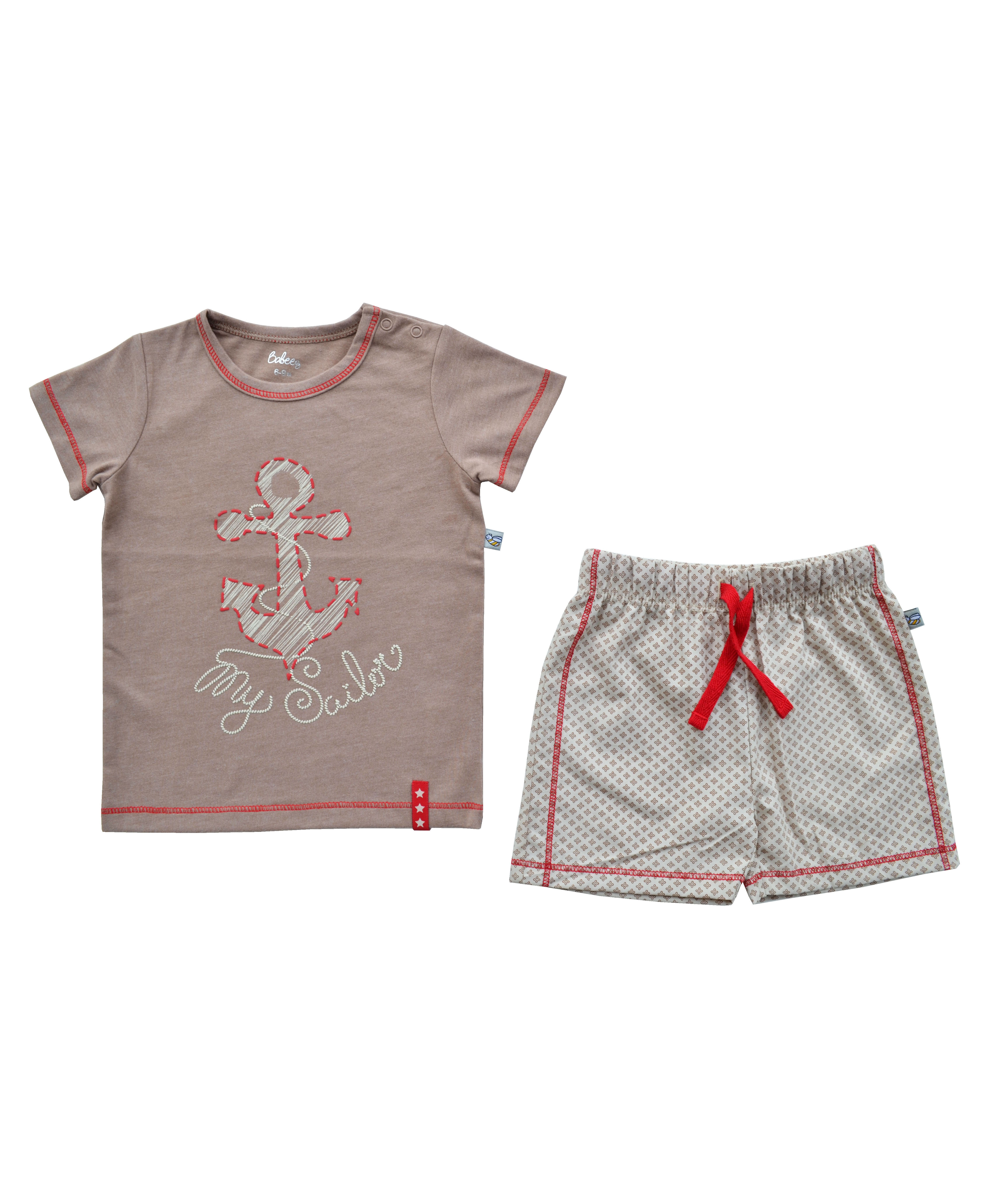 Brown Anchor Print T-Shirt + White Allover Printed Shorty Set (100% Cotton Jersey)