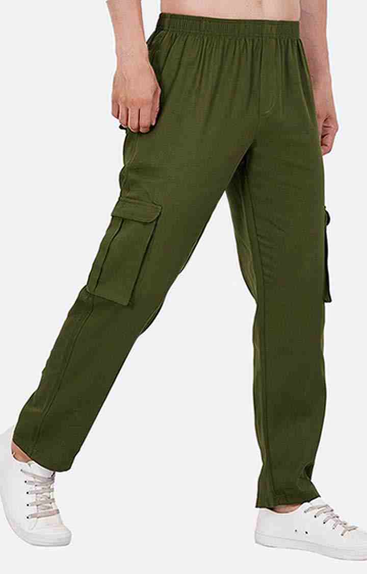 Men's Green Cotton Solid Cargos