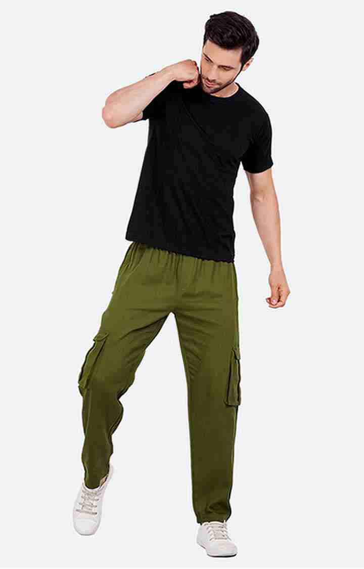 Men's Green Cotton Solid Cargos