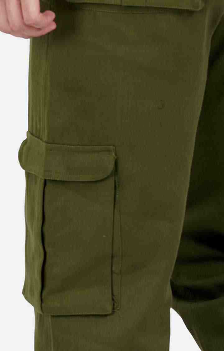 Men's Green Cotton Solid Cargos