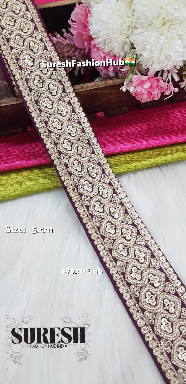 Wine Floral Pearl Moti & Zari Embroidery Lace – 47921-EMB