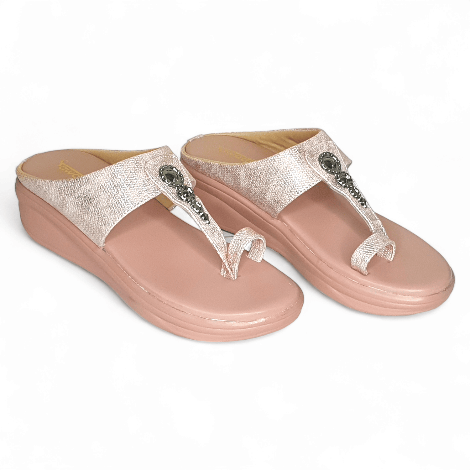 Sawadi Women’s Rose Gold Wedge Sandals | Stylish Toe-Ring Slip-On with Embellished Strap