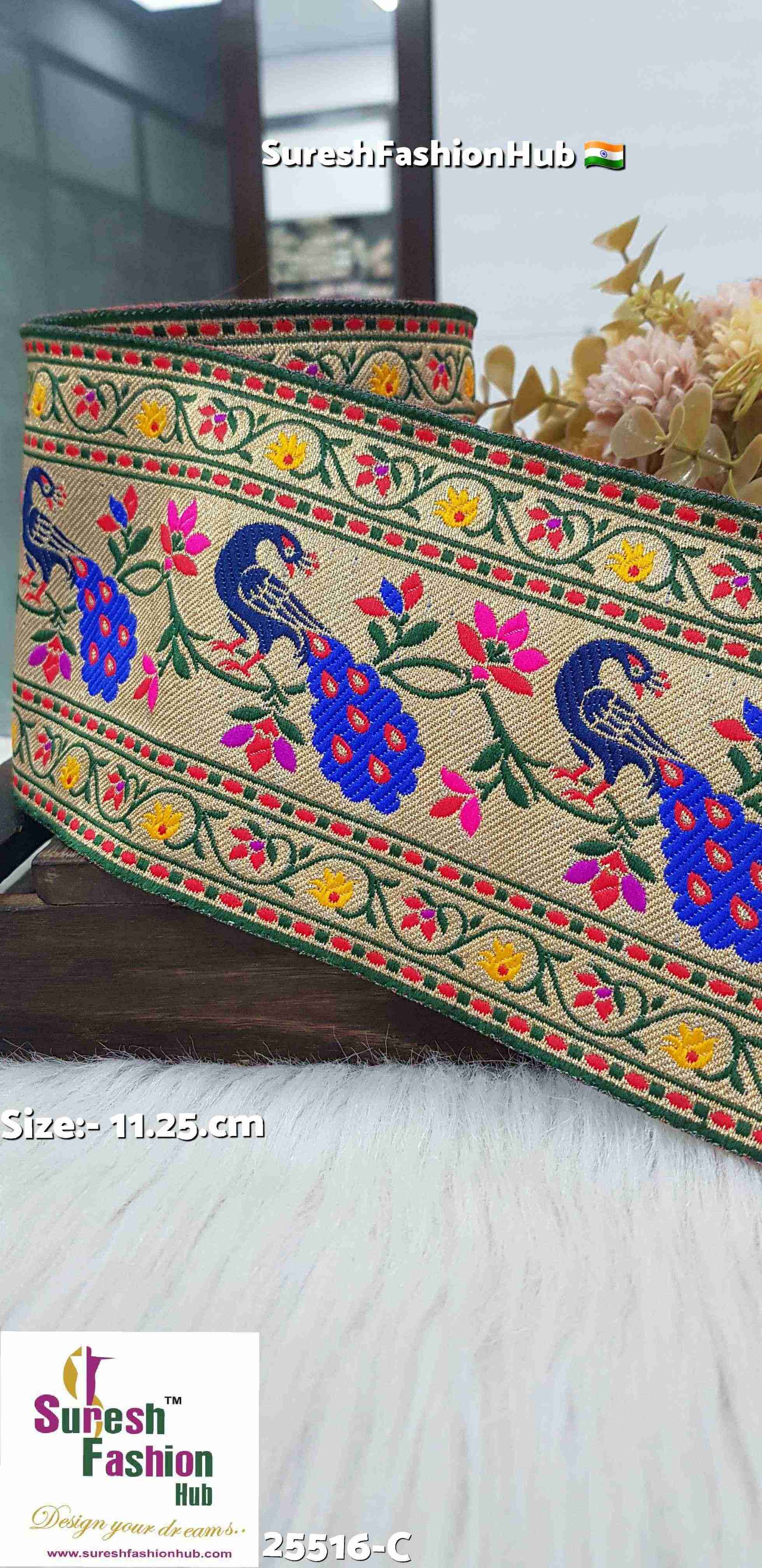 Peacock Floral Banarasi Mehendi+Red Border Lace