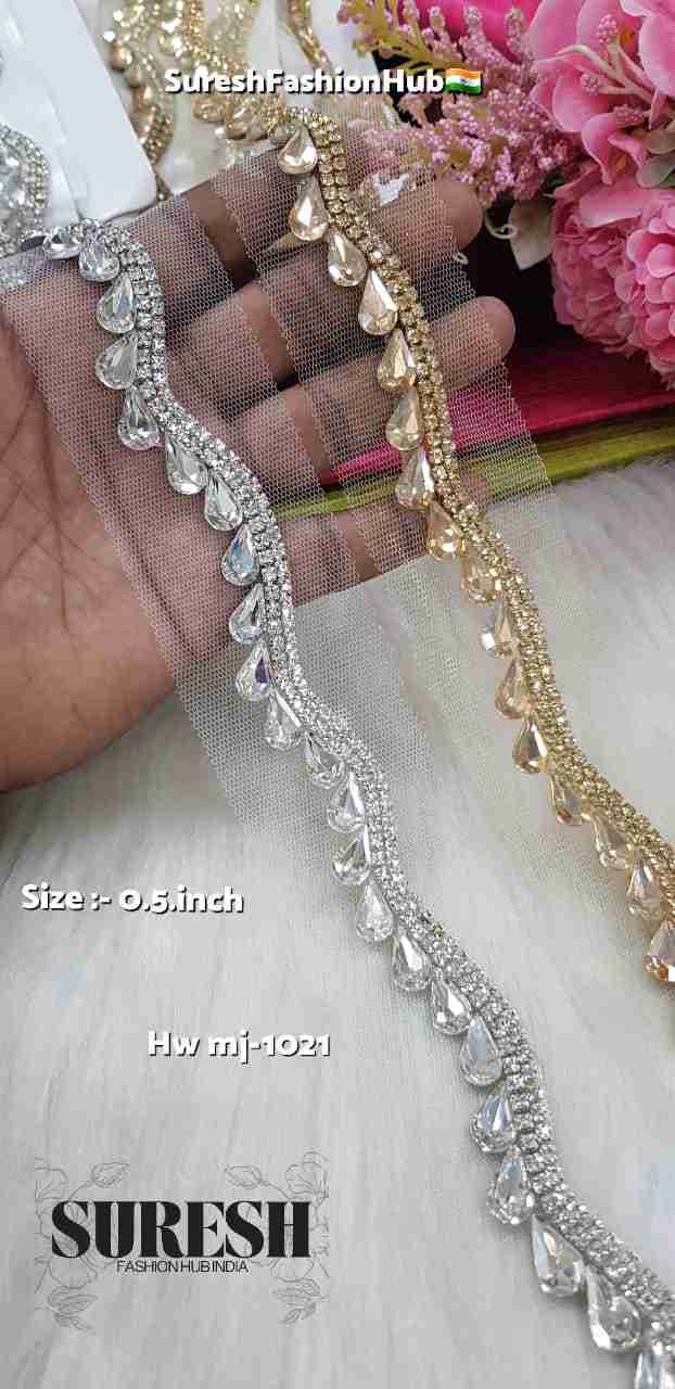 Silver Handmade Floral Rhinestone Border on Net – M.J-1021