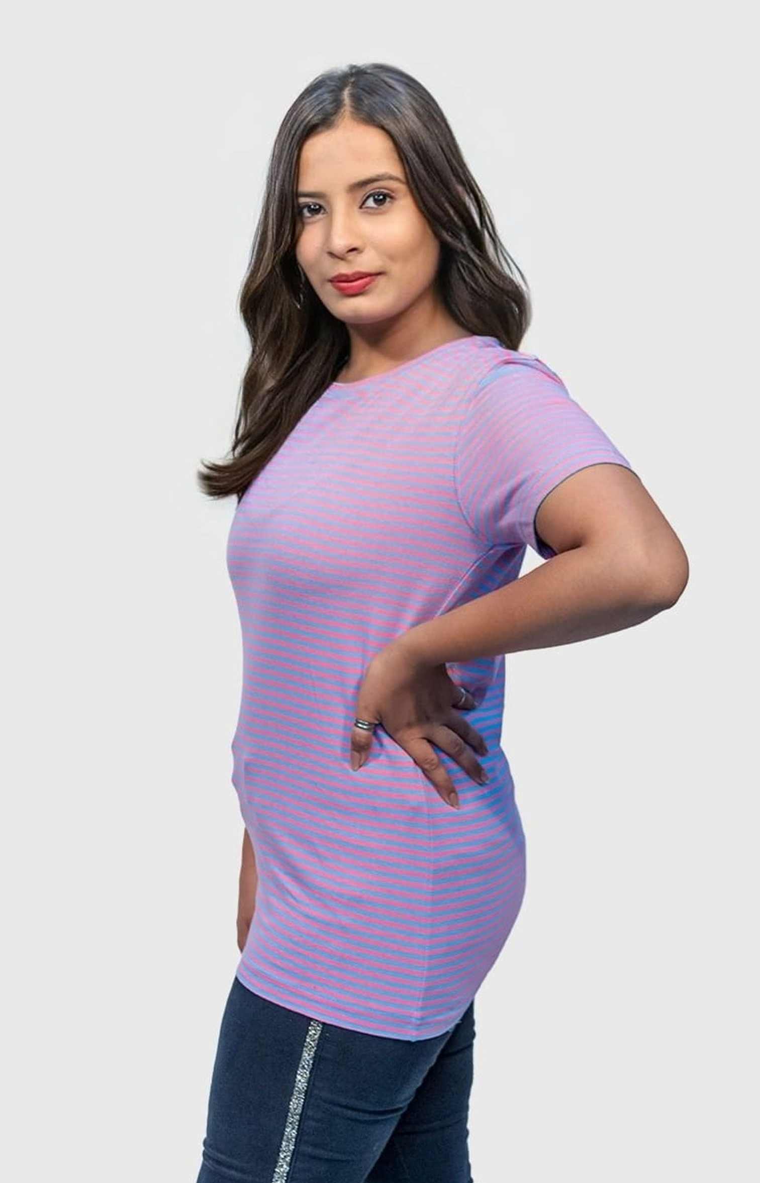 Pink & Blue Striped Round Neck T Shirt