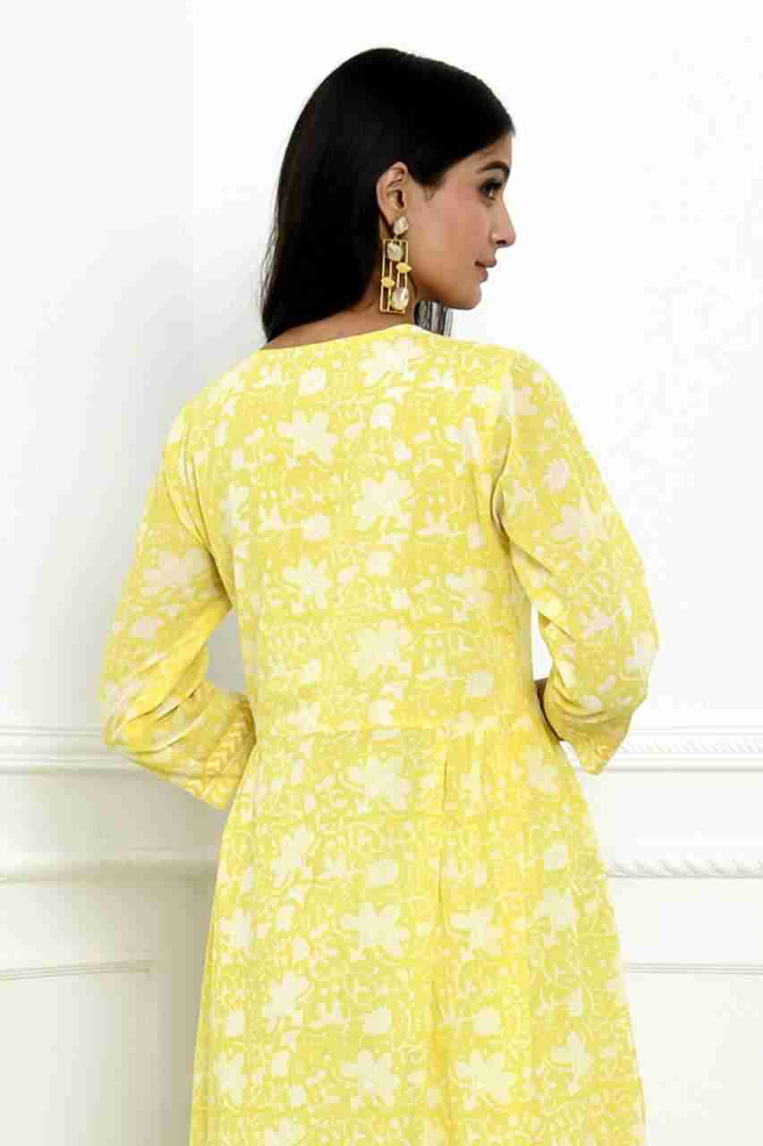 Naksh Yellow Block Printed V-Neck Gathered Kurta
